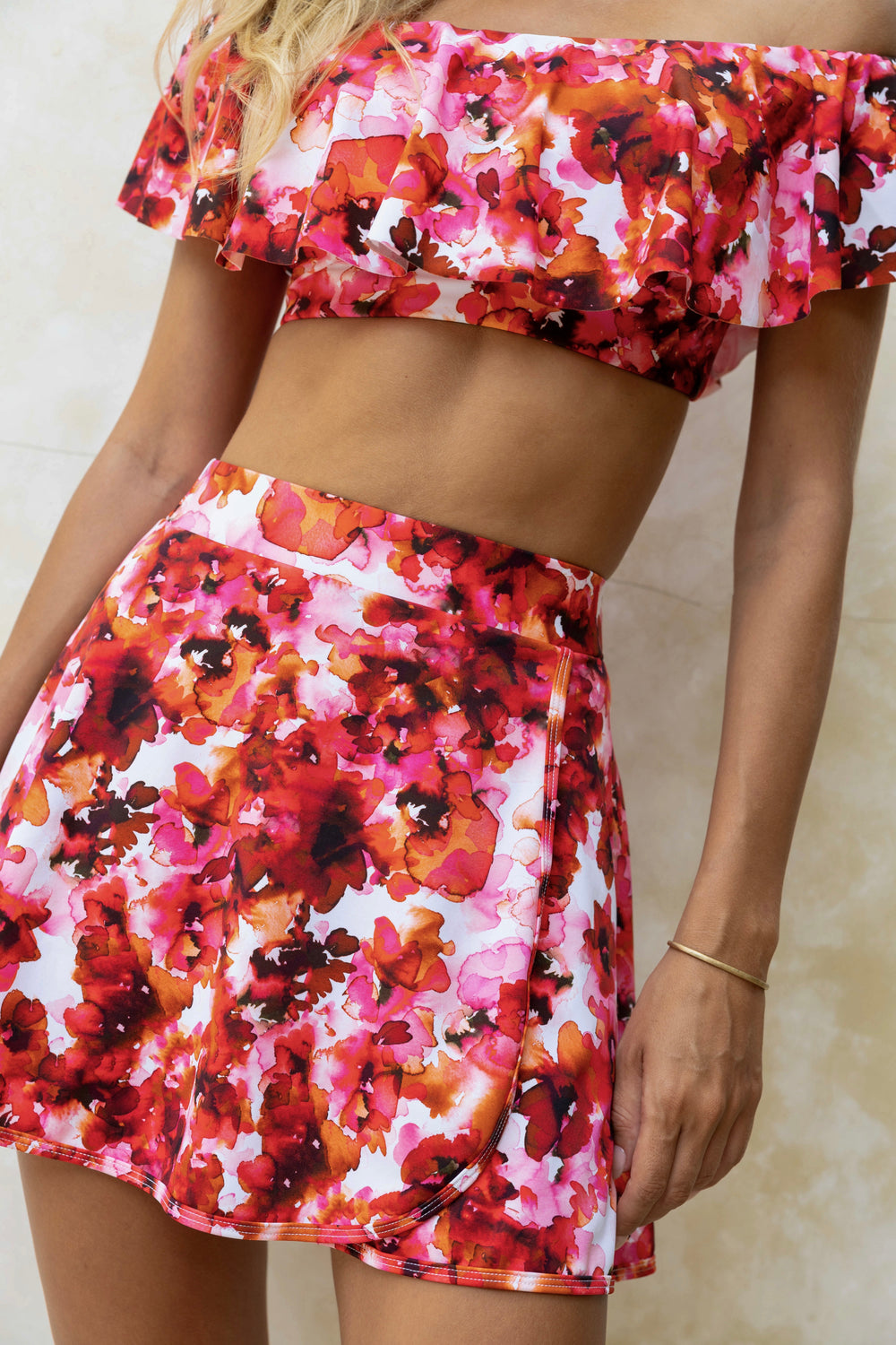 Floral Swim Skirt and Matching Off The Shoulder Swim Top