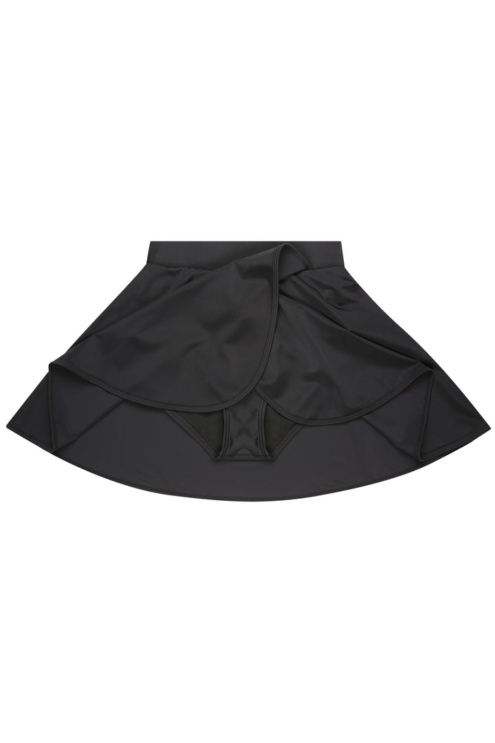 Ghost mannequin image of built-in brief in black high-waisted swim skirt