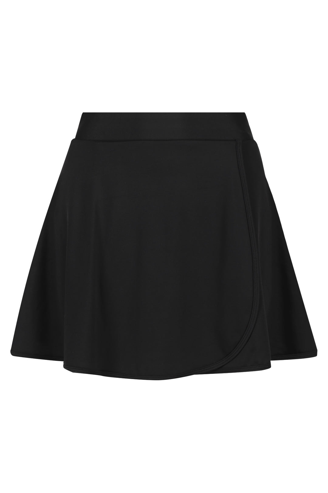 Ghost mannequin image of black high-waisted swim skirt